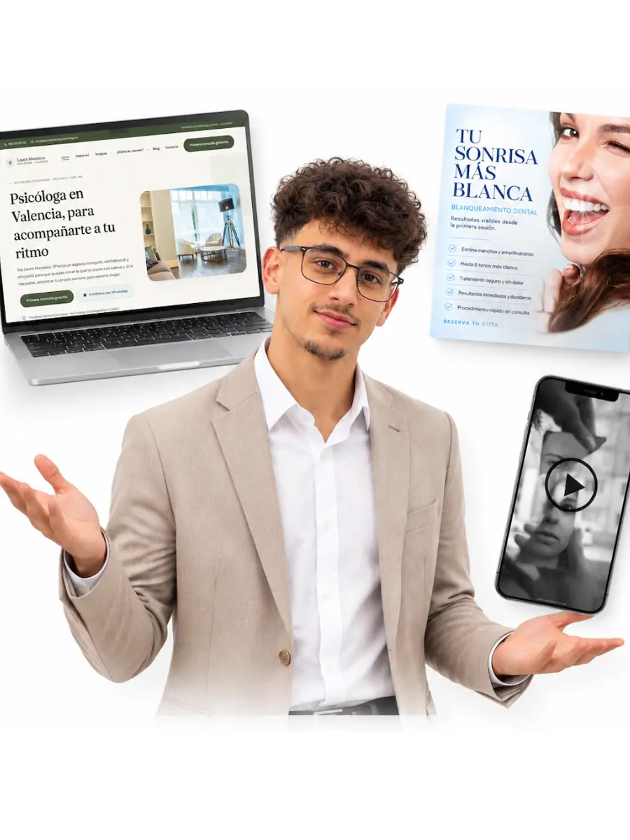 Ejemplos de contenido para redes: una publicación, un vídeo y una web diseñados por Glam Web