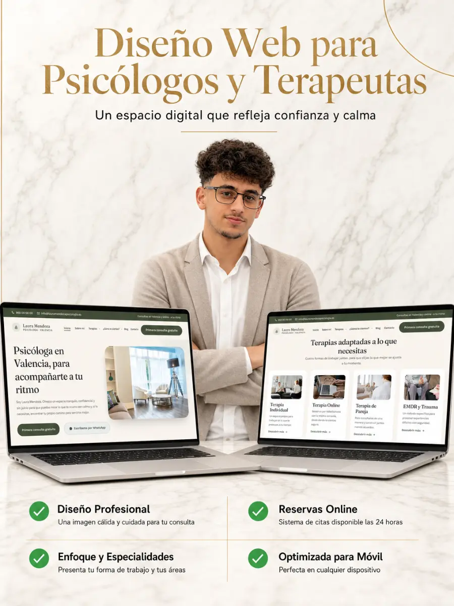 Diseño web para psicólogos y terapeutas: dos portátiles con la web de una psicóloga